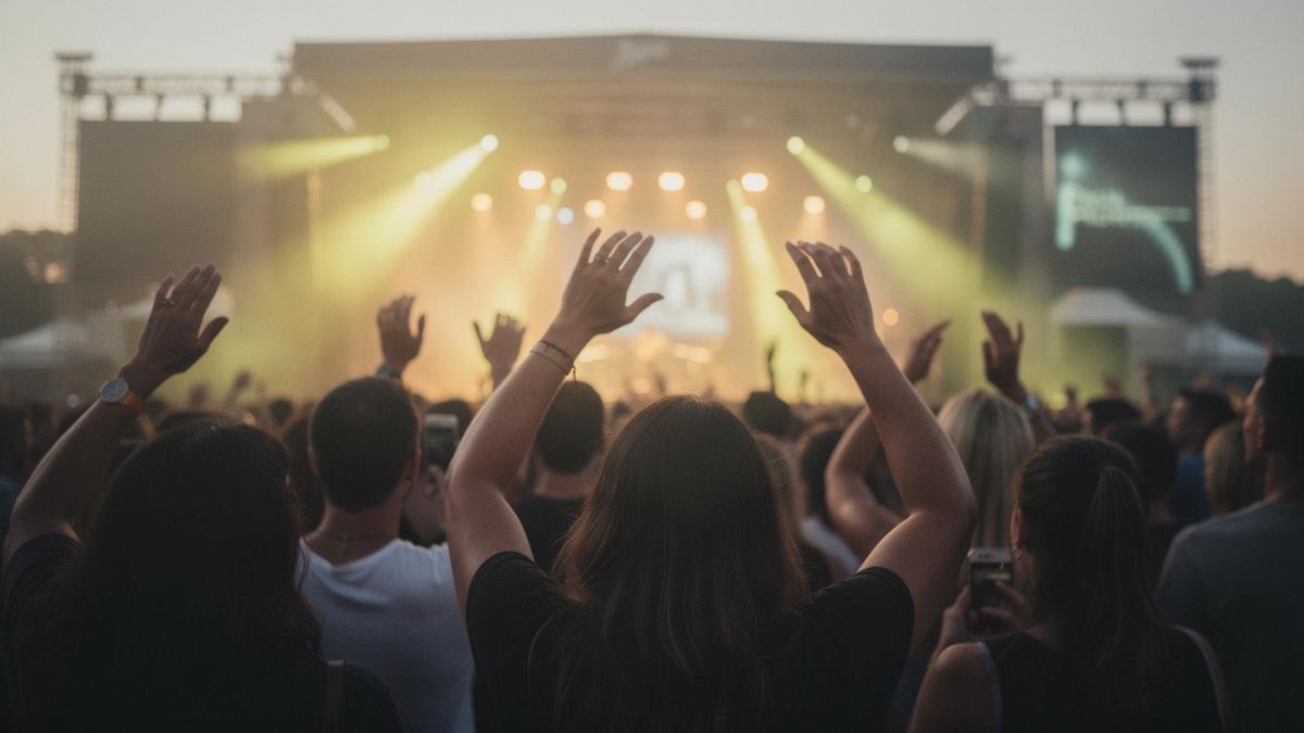 Festival crowd at dusk facing a stage lit with amber lights