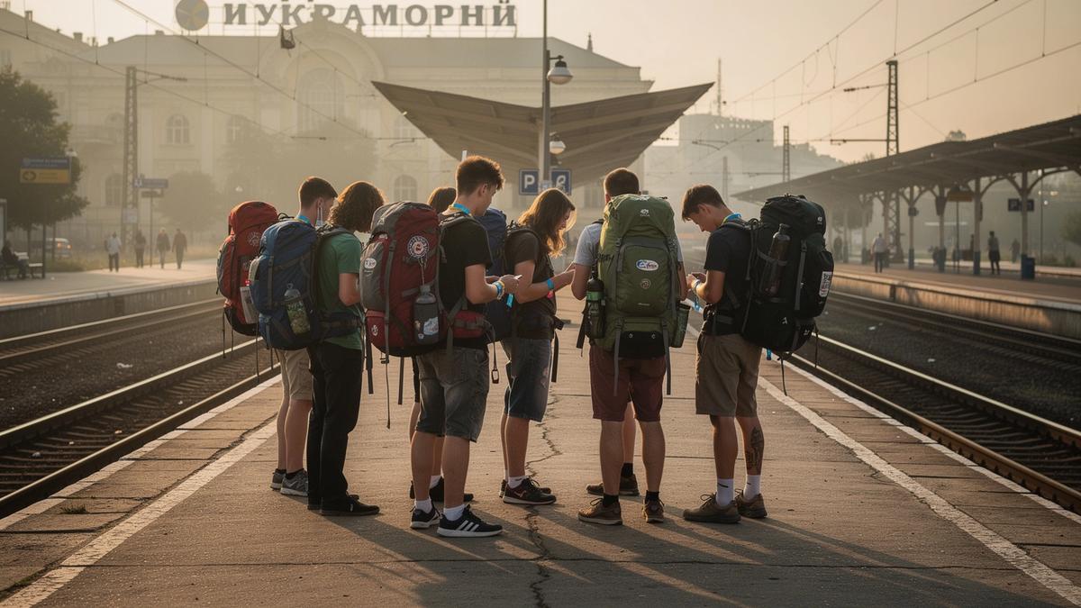 Travelers with wristbands waiting on a station platform in the early morning